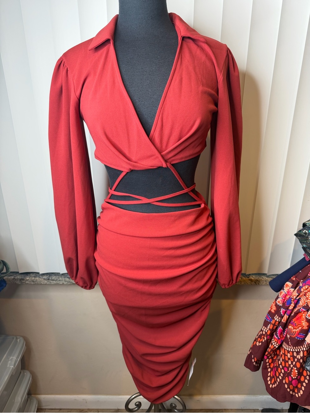 ASOS Red Wrap-Style Long Sleeve Criss Cross Waist Ruched Bodycon Dress SZ8 NEW